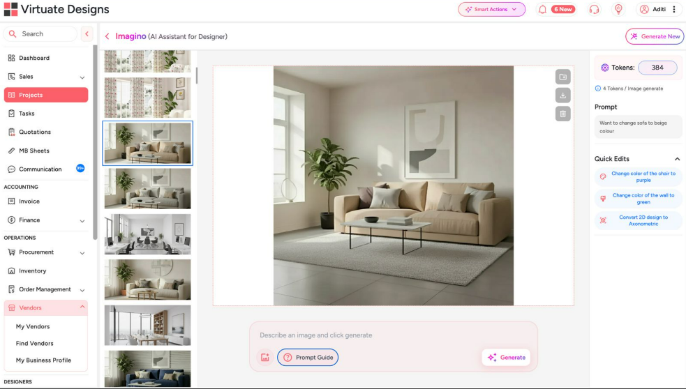 Imagino AI design assistant in Dzylo generating photorealistic interior renders