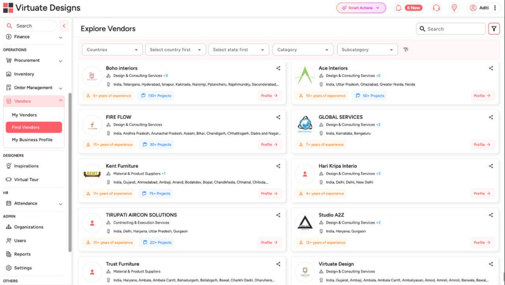 Explore Vendors directory in Dzylo showing verified interior design suppliers