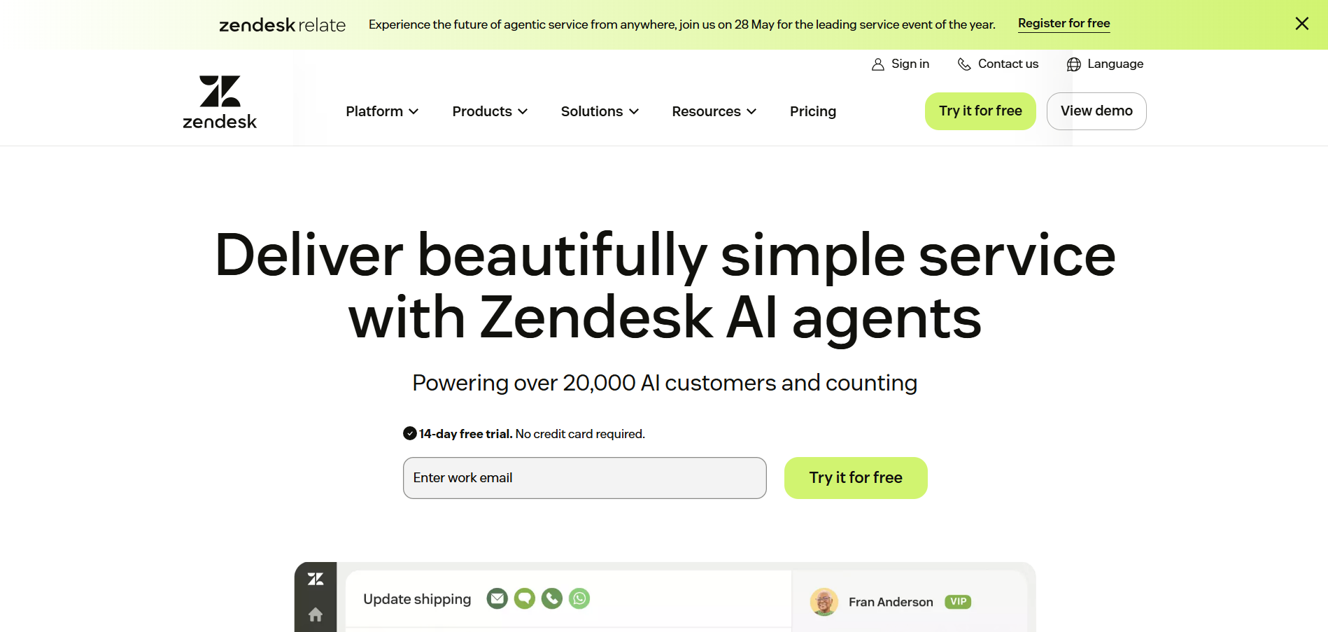 Homepage of Zendesk: The Customer Service & Ticketing Expert