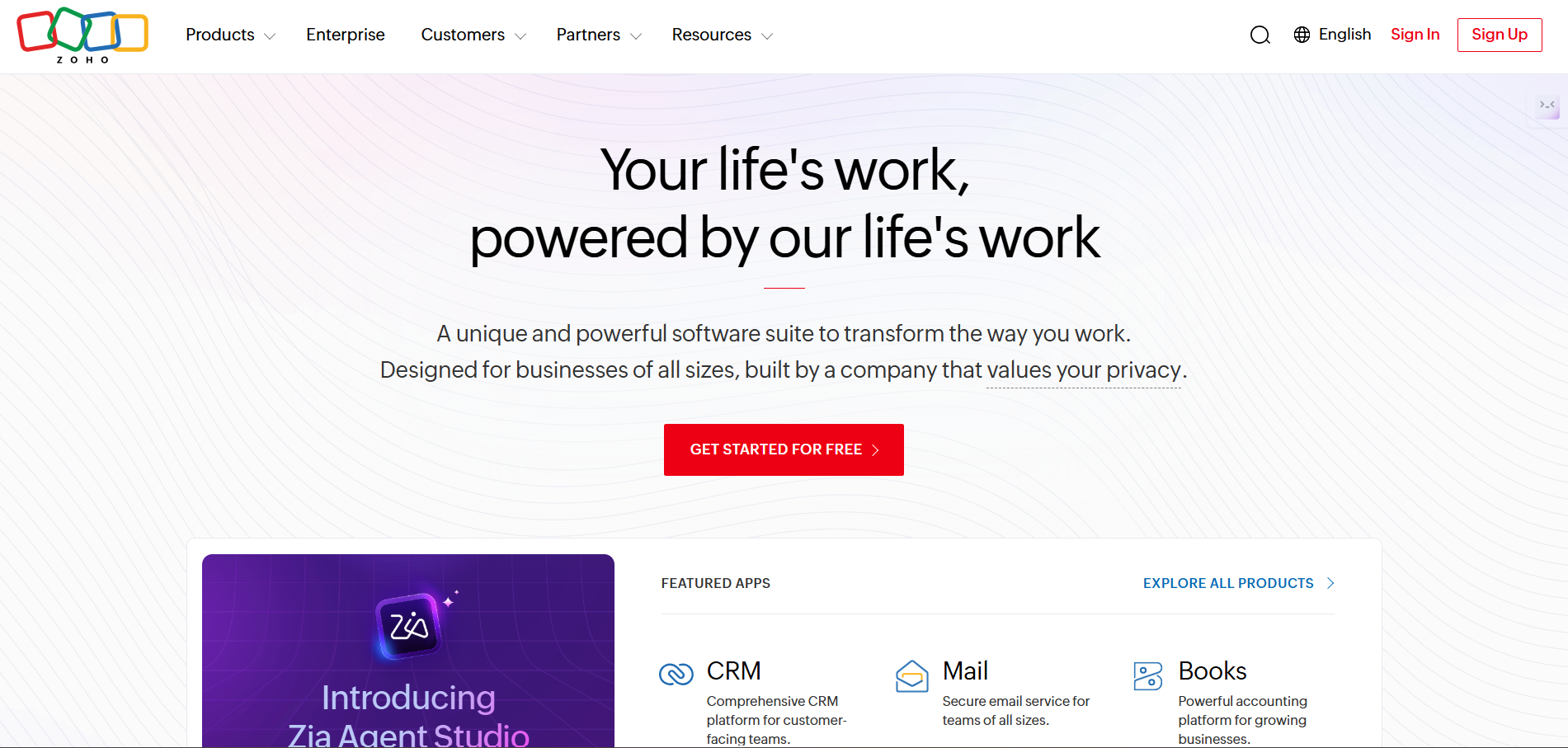 Homepage of Zoho CRM