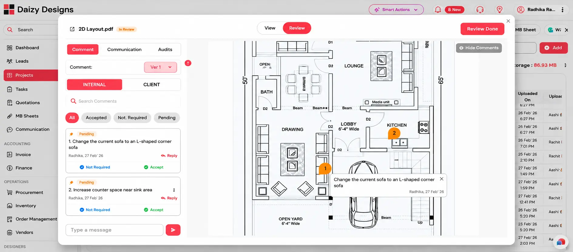 Dzylo drawing review system for managing design revisions, client comments, approvals, and document audits in interior projects