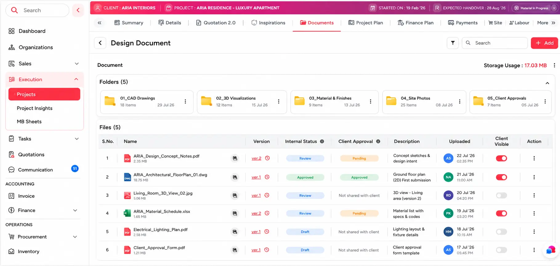 Dzylo design document management system with folder organization, file version control, approval tracking, and client visibility for interior projects