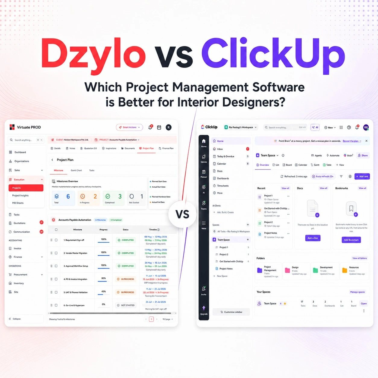Dzylo vs ClickUp: Best Project Management Software for Interior Designers